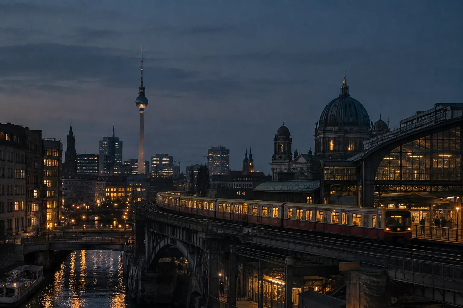 Sample image of a Berlin train crossing the city at dusk
