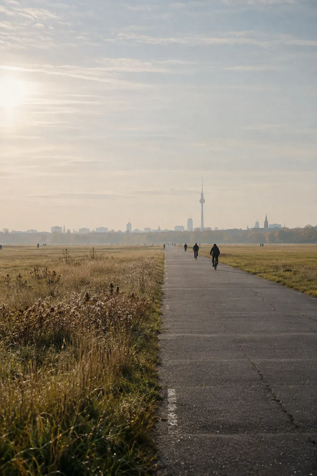 Sample image of cyclists on a path beneath a pale sky at Tempelhof